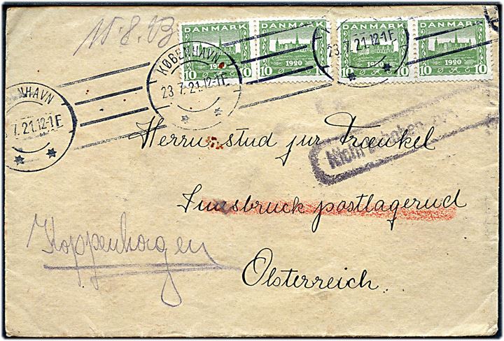 10 øre Genforening (4) på brev fra København d. 23.7.1921 til postlagernd (poste restante) i Innsbruck, Østrig. Retur som ikke afhentet.