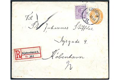 7 øre helsagskuvert (fabr. 22-M) opfrankeret med 15 øre Chr. X sendt som lokalt anbefalet brev i Kjøbenhavn d. 4.3.1919.