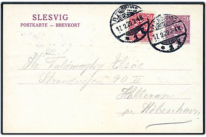 15 pfg. Fælles udg. helsagsbrevkort opfrankeret med 10 pfg. Fælles udg. fra Flensburg d. 17.2.1920 til Hellerup, Danmark.