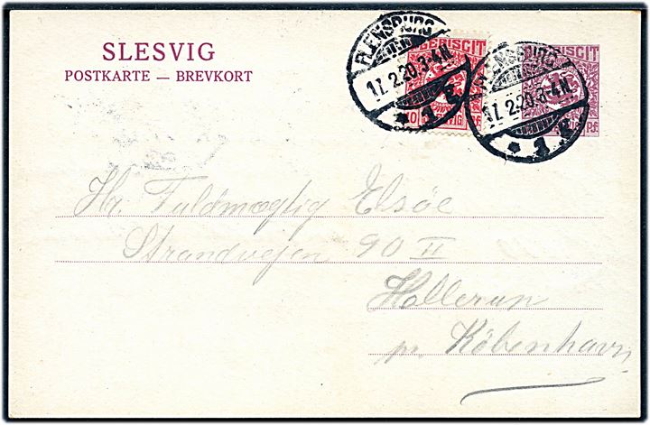 15 pfg. Fælles udg. helsagsbrevkort opfrankeret med 10 pfg. Fælles udg. fra Flensburg d. 17.2.1920 til Hellerup, Danmark.