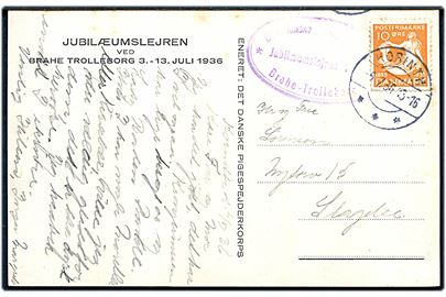 10 øre H. C. Andersen på brevkort (Jubilæumslejren ved Brahe Trolleborg 3.-13.7.1936) stemplet Korinth d. 6.7.1936 og sidestemplet med ovalt lejrstempel: Det danske Pigespejderkorps * Jubilæumslejren 1936 * Brahe-Trolleborg til Slagelse.
