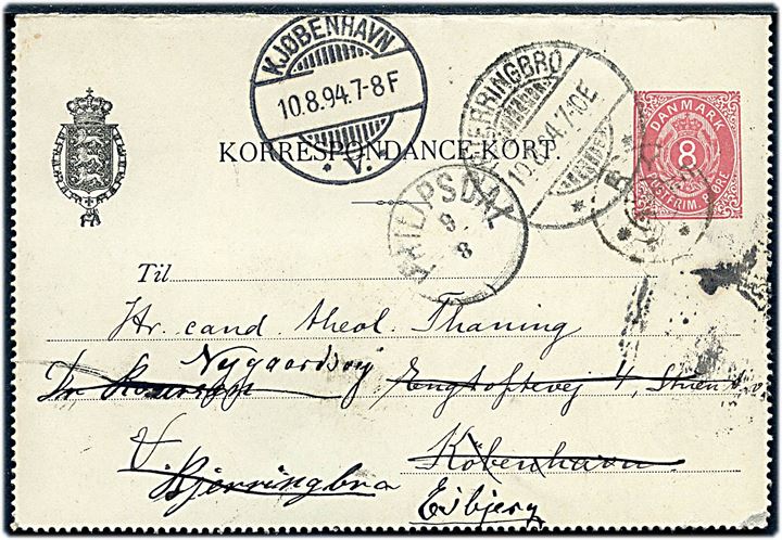 8 øre helsags korrespondancekort dateret i Kirke Helsinge pr. Slagelse annulleret med stjernestempel RYE og sidestemplet med lapidar Philipsdal d. 9.8.1894 til København - eftersendt til først Bjerringbro og siden Esbjerg. Philipsdal postkontor flyttede i 1898 til Høng. 