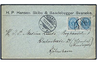 4 øre Tofarvet omv. rm. i parstykke på firmakuvert fra H. P. Hansen Skibs & Baadebygger i Svaneke d. 11.2.1902 til Kjøbenhavn.