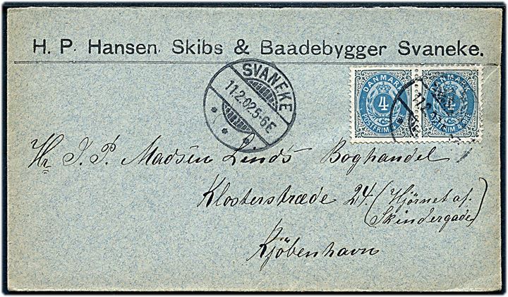4 øre Tofarvet omv. rm. i parstykke på firmakuvert fra H. P. Hansen Skibs & Baadebygger i Svaneke d. 11.2.1902 til Kjøbenhavn.
