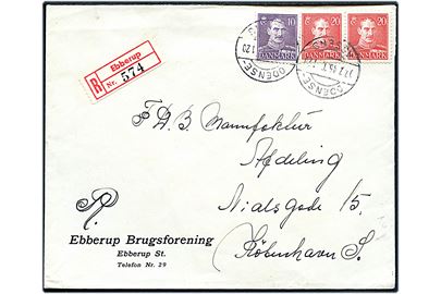 10 øre og 20 øre (par) Chr. X på anbefalet brev fra Ebberup Brugsforening med rec. etiket Ebberup, men først annulleret i bureauet Odense - Assens T.120 d. 17.7.1945 til København.
