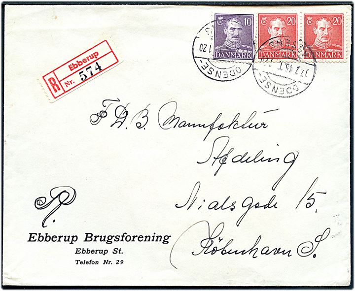 10 øre og 20 øre (par) Chr. X på anbefalet brev fra Ebberup Brugsforening med rec. etiket Ebberup, men først annulleret i bureauet Odense - Assens T.120 d. 17.7.1945 til København.