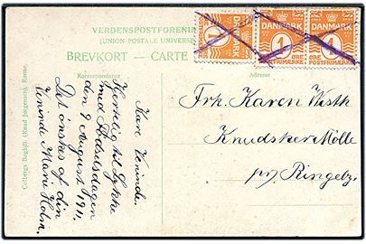 1 øre Bølgelinie (3) annulleret med kryds på lokalt brevkort dateret d. 9.8.1911 til Ringeby Mølle pr. Ringeby.
