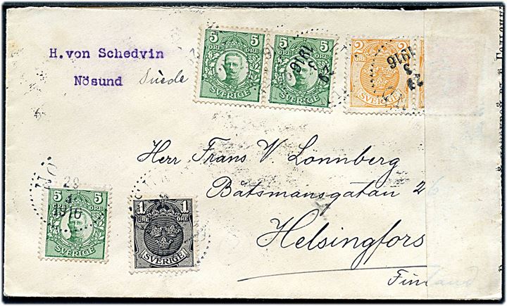 1 öre, 2 öre (par) Tre Kroner og 5 öre Gustaf (3) på brev fra Nösund d. 29.3.1916 til Helsingfors, Finland. Åbnet af russisk censur i Helsingfors.