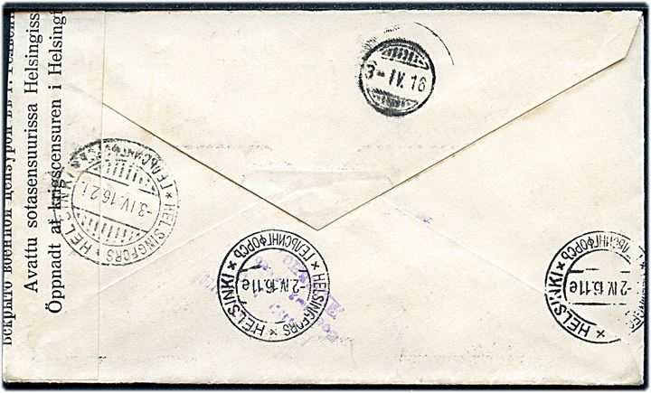 1 öre, 2 öre (par) Tre Kroner og 5 öre Gustaf (3) på brev fra Nösund d. 29.3.1916 til Helsingfors, Finland. Åbnet af russisk censur i Helsingfors.