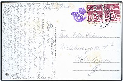 5 øre Bølgelinie (2) på brevkort (Storstrømsbroen) fra Vordingborg d. 1.7.1940 til København. Violet kronet/posthorn portokontrol-stempel.