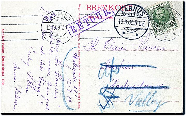 5 øre Fr. VIII på brevkort (Frederiksberg Have) fra Kjøbenhavn d. 12.7.1909 til poste restante i Aarhus. Returneret med violet rammestempel Retour. og på billedsiden 2-sproget etiket Ikke Afhentet / non réclamé..