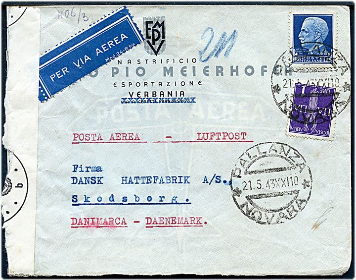2,25 l. blandingsfrankeret luftpostbrev fra Pallanza d. 21.5.1943 til Skodsborg, Danmark. Åbnet af både italiensk censur og tysk censur i Berlin.