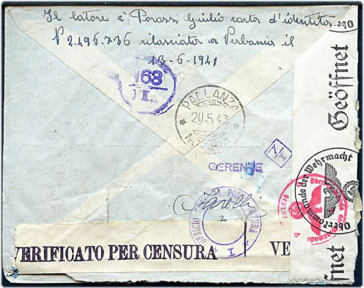 2,25 l. blandingsfrankeret luftpostbrev fra Pallanza d. 21.5.1943 til Skodsborg, Danmark. Åbnet af både italiensk censur og tysk censur i Berlin.