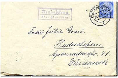 25 pfg. Hindenburg på brev annulleret Flensburg d. 28.9.1939 og sidestemplet Neuholzkrug über Flensburg til Haderslev, Danmark. Brevet er åbnet af tysk toldkontrol i Flensburg d. 28.9.1939. Sendt umiddelbart inden krigsudbruddet, så toldkontrol kan være maskeret postcensur. 