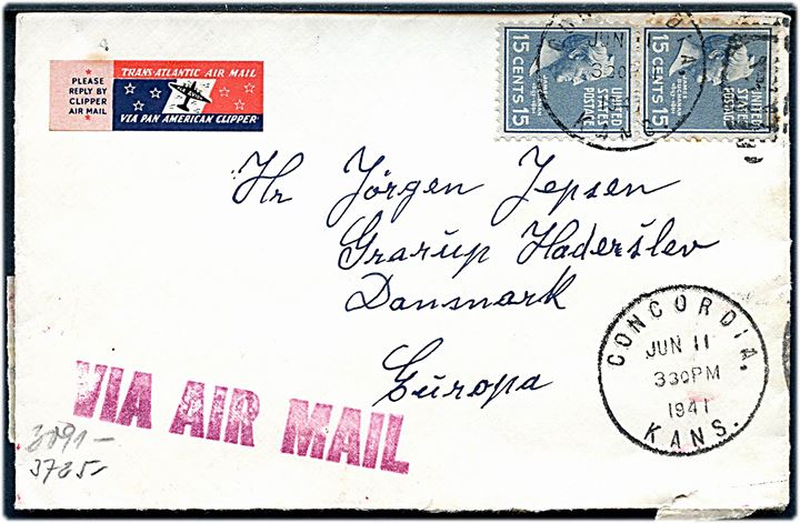 15 cents Buchanan i parstykke på luftpostbrev med særlig Pan American Clipper luftpost etiket fra Concoredia d. 11.6.1941 til Haderslev, Danmark. Åbnet af tysk censur i Frankfurt.