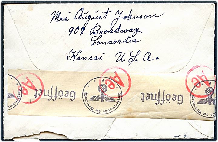 15 cents Buchanan i parstykke på luftpostbrev med særlig Pan American Clipper luftpost etiket fra Concoredia d. 11.6.1941 til Haderslev, Danmark. Åbnet af tysk censur i Frankfurt.