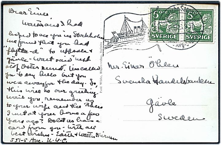 5 öre Løve i parstykke på brevkort (Sassnitz Rügen) annulleret med tysk skibsstempel Deutsche Seepost Trelleborg - Sassnitz Fb d. 23.8.1937 til Gävle, Sverige.