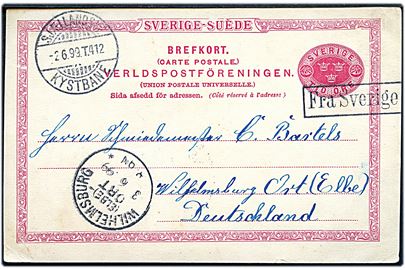 10 öre helsagsbrevkort fra Hälsingborg annulleret med skibsstempel Fra Sverige og sidestemplet med bureau Sjællandske Kystbane T.412 d. 2.6.1899 til Wilhelmsburg, Tyskland.