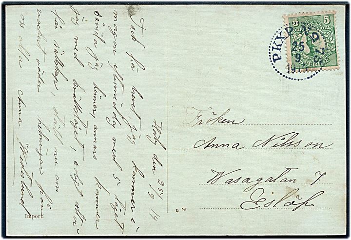 5 öre Gustaf på brevkort fra Hörby annulleret med bureaustempel PKXP No. 75 (= Kristianstad-Eslöv-Malmö) d. 25.9.1914 til Eslöv.
