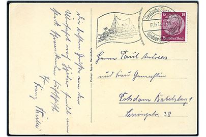 15 pfg. Hindenburg på brevkort (Færgen Schwerin) annulleret med skibsstempel Deutsche Seepost Gjedser-Warnemünde F.h d. 12.7.1939 til Potsdam, Tyskland.