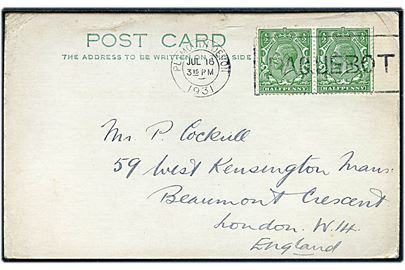 ½d George V i parstykke på brevkort annulleret med skibsstempel Plymouth Devon / Paquebot d. 16.7.1931 til London.