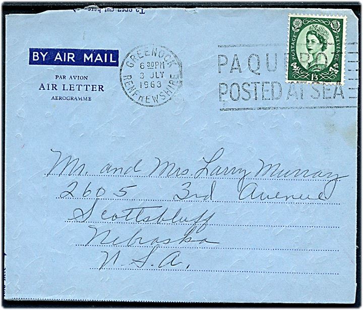 1'3 sh. Elizabeth på aerogram skrevet ombord på M/S Empress of Canada annulleret med skibsstempel Greenock Renfrewshire / Paquebot posted at sea d. 3.7.1963 til Scottsbluff, USA.