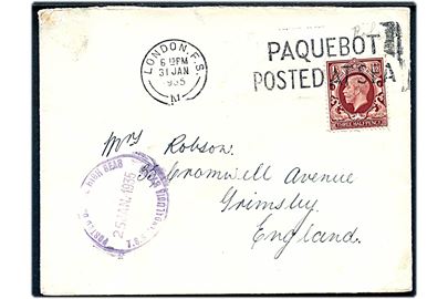 1½d George V på brev annulleret med skibsstempel London F.S. / Paquebot posted at sea d. 31.1.1935 og sidestemplet Posted on the high seas / T.S.S. Andalucia Star d. 25.1.1935 til Grimsby, England.
