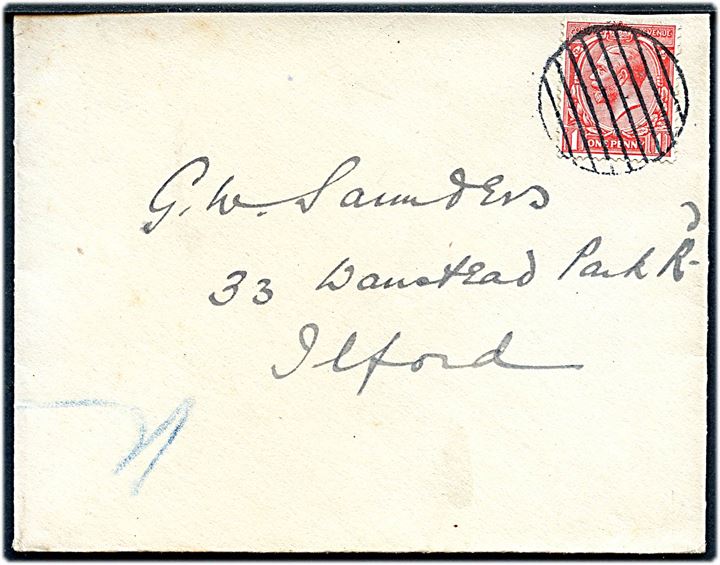 1d George V på brev annulleret med stumt rist-stempel til Ilford. Sikkerhedsstempel benyttet på flådepost under 1. verdenskrig.