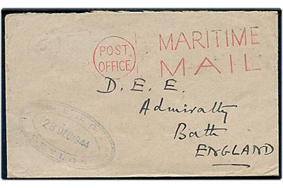Ufrankeret flådepostbrev med rødt stempel Post Office Maritime Mail og sidestemplet S.I.D.G. Ceylon d. 28.12.1944 til D.E.E., Admiralty, England. S.I.D.G. = Superintending Inspector of Degaussing.