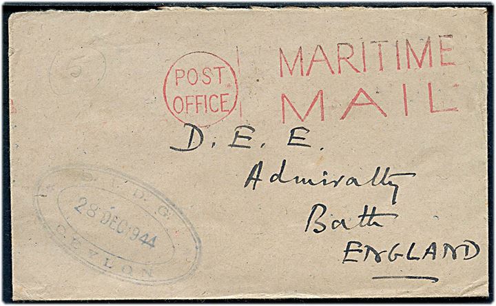 Ufrankeret flådepostbrev med rødt stempel Post Office Maritime Mail og sidestemplet S.I.D.G. Ceylon d. 28.12.1944 til D.E.E., Admiralty, England. S.I.D.G. = Superintending Inspector of Degaussing.