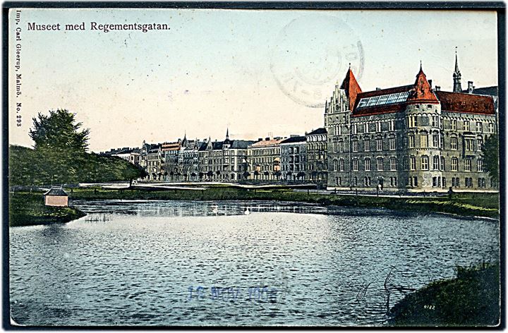 5 öre Oscar II på brevkort sendt som tryksag fra Malmö annulleret med skibsstempel Fra Sverige og sidestemplet bureau Kjøbenhavn - Warnemünde T.93 d. 18.11.1906 til Rotterdam, Holland.
