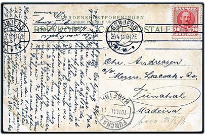 10 øre Fr. VIII på brevkort fra Esbjerg d. 29.4.1911 til Funchal, Madeira. Ank.stemplet d. 10.5.1911.