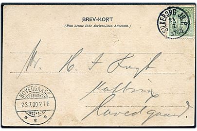 5 øre Våben på brevkort (Parti fra Silkeborg, P. Alstrup no. 152) annulleret med lapidar Silkeborg JB.P. d. 23.7.1900 til Hovedgaard.