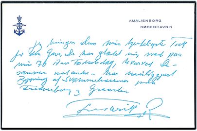 Takkekort fra Kong Fr. IX for opmærksomhed i anledning af 70 års fødselsdag. Uden kuvert.