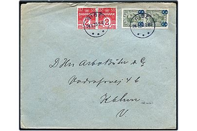 2 øre Bølgelinie (par) og 8/12 øre Provisorium (par) på brev fra Nibe d. 24.1.1923 til København.