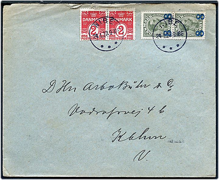 2 øre Bølgelinie (par) og 8/12 øre Provisorium (par) på brev fra Nibe d. 24.1.1923 til København.