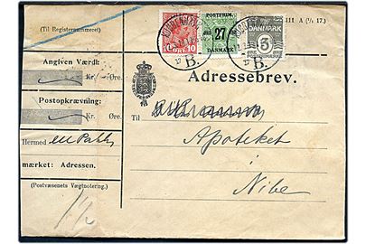 3 øre Bølgelinie, 10 øre Chr. X og 27/8 øre Provisorium på adressebrev for pakke fra Kjøbenhavn d. 12.3.1919 til Nibe. Lodret fold og afkortet i venstre side.