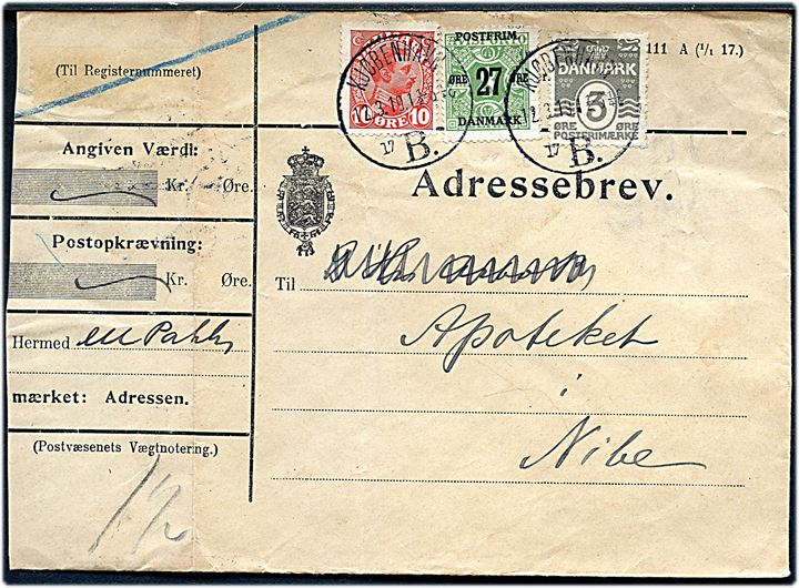 3 øre Bølgelinie, 10 øre Chr. X og 27/8 øre Provisorium på adressebrev for pakke fra Kjøbenhavn d. 12.3.1919 til Nibe. Lodret fold og afkortet i venstre side.