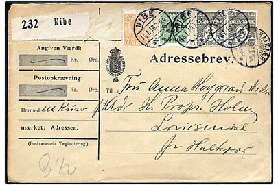 3 øre Bølgelinie (par), 7 øre Chr. X og 27/8 øre Provisorium på adressebrev for pakke fra Nibe d. 15.1.1919 til Halkjær.