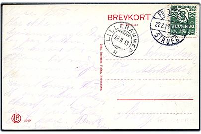 5 øre Bølgerlinie på brevkort fra Viborg annulleret med bureaustempel Fredericia - Struer T.1032 d. 22.2.1913 til Lillehammer, Norge.
