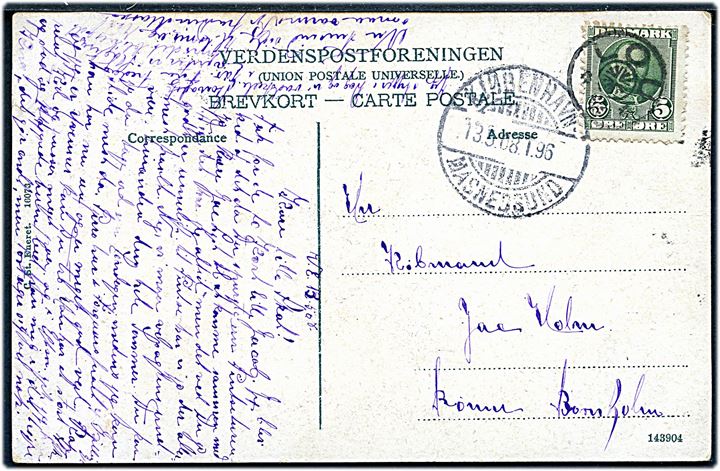 5 øre Fr. VIII på brevkort annulleret med stjernestempel LOU og sidestemplet bureau Kjøbenhavn - Masnedsund T.96 d. 13.5.1908 til Rønne på Bornholm.