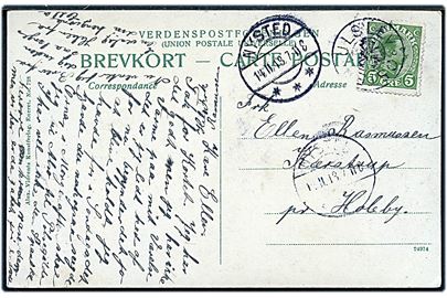 5 øre Chr. X på brevkort annulleret med stjernestempel ØSTER-ULSLEV og sidestemplet Nysted d. 14.11.1918 til Holeby.