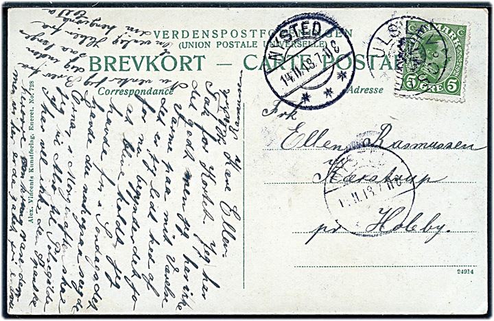 5 øre Chr. X på brevkort annulleret med stjernestempel ØSTER-ULSLEV og sidestemplet Nysted d. 14.11.1918 til Holeby.