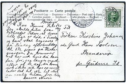 5 øre Fr. VIII på brevkort annulleret med stjernestempel SORTEBRO og svagt sidestempel Nyborg - Svendborg T.26 d. 21.5.1908 til Gudme.