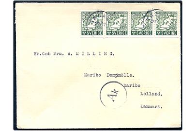 5 öre Sjökarta i 4-stribe på brev fra Tågarp 1944 til Maribo, Danmark. Passér stemplet Ak ved censuren i København.