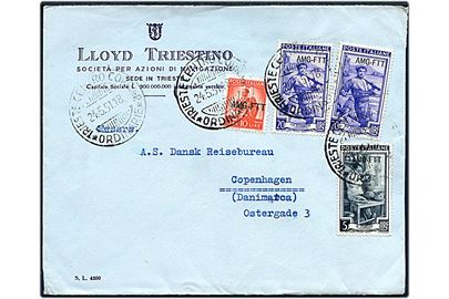 Triest Zone A. 5 l., 10 l. og 20 l. (par) AMG-FTT provisorium på brev fra Lloyd Triestino i Triest d. 24.5.1951 til København, Danmark.