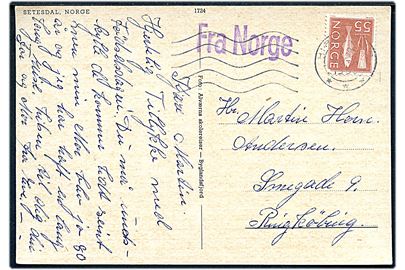 Norsk 55 øre på brevkort annulleret med dansk stempel i Hirtshals d. 26.4.1965 og sidestemplet violet Fra Norge til Ringkøbing.