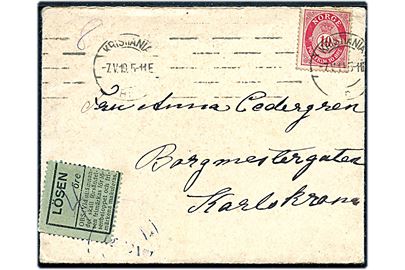 10 øre Posthorn på underfrankeret brev fra Kristiania d. 7.5.1919 til Karlskrona, Sverige. Udtakseret i porto med 4 øre svensk Lösen etiket.
