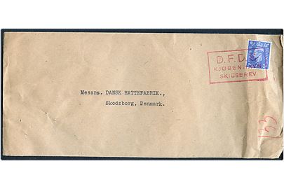 Engelsk 2½d George VI på aflang kuvert annulleret med rødt rammestempel D.F.D.S. Kjøbenhavn Skibsbrev til Skodsborg, Danmark.
