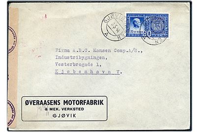 30 øre Europæisk Postforening single på brev fra Gjørvik annulleret med bureaustempel Gjørvikbanen A d. 3.5.1944 til København, Danmark. Åbnet af tysk censur i Oslo.